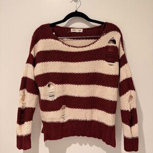 Olive & Oak Distressed Striped Knit Sweater – Burgundy/Cream – Small